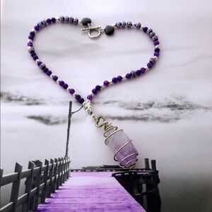 💜 “Purple Rain”Hand Crafted Beaded Necklace & Wire-Wrapped Amethyst Pendant